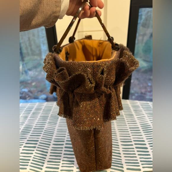 Vintage Beryl's Belts Brown Ruffled To Market Handbag Cottage Core Grandma Vibe - Picture 4 of 6